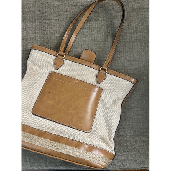 Liz Claiborne Canvas Tote Bag Purse Handbag Faux Leather Trim Beach Travel - Picture 1 of 6